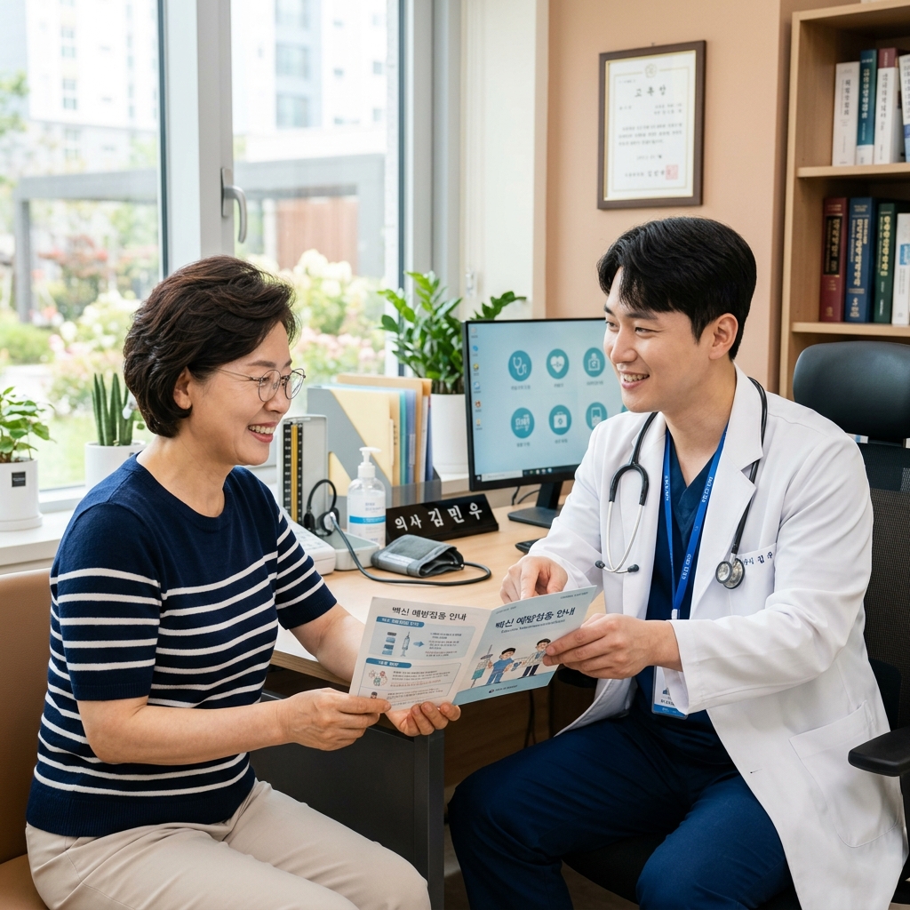 병원 진료실에서 한국인 중년 여성이 의사에게 백신 설명을 듣고 있는 장면