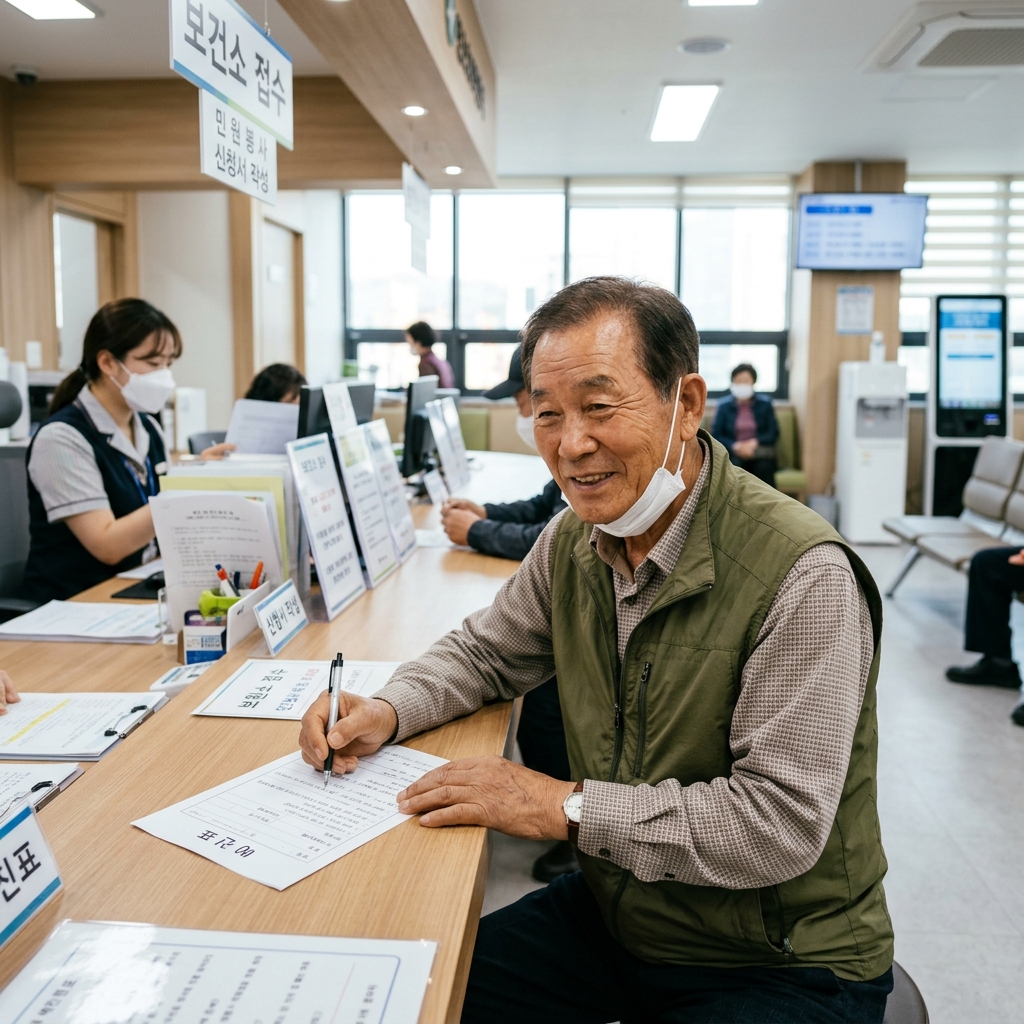 보건소 접수 창구에서 한국인 노년 남성이 예진표를 작성하는 모습