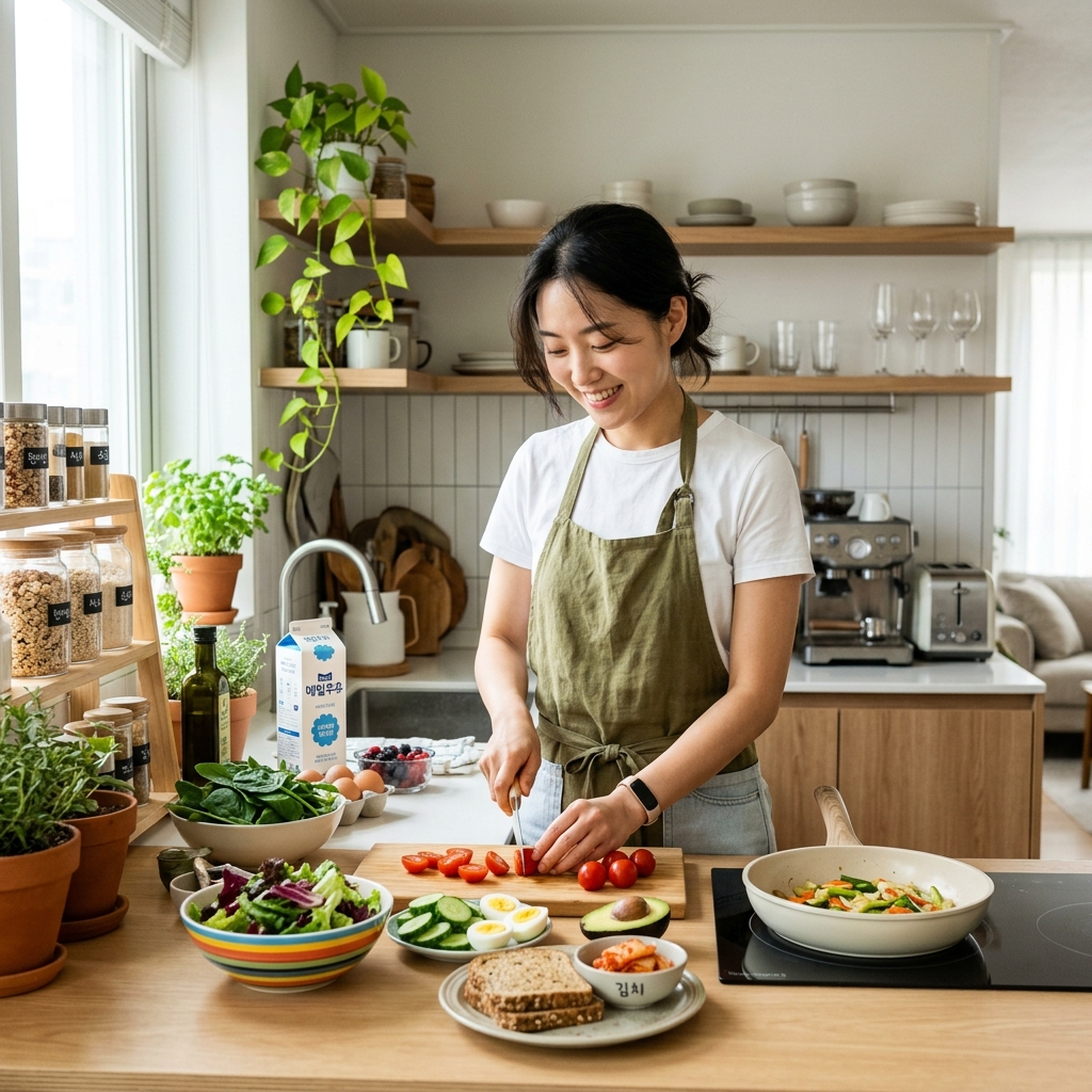 집 주방에서 한국인 젊은 여성이 간단한 식사를 준비하는 일상 장면