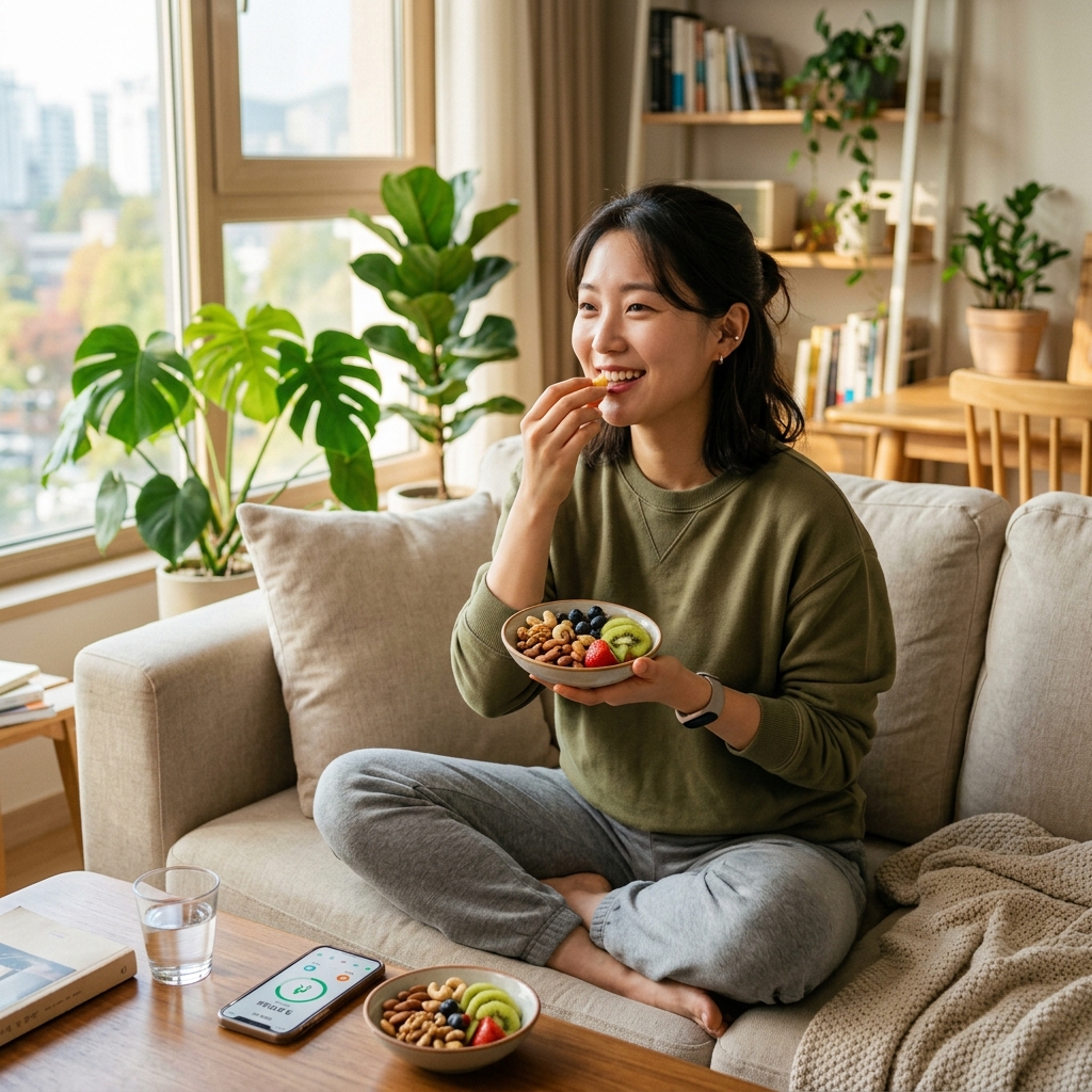 집 거실에서 한국인 젊은 여성이 간단한 간식으로 견과류와 과일을 먹는 자연스러운 장면