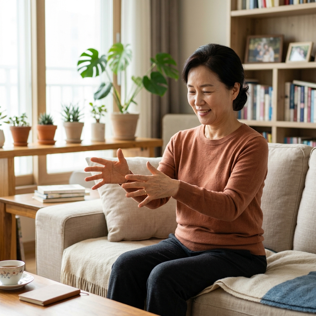 집 거실에서 한국인 중년 여성이 손가락을 천천히 움직이며 손 운동을 하는 자연스러운 생활 장면