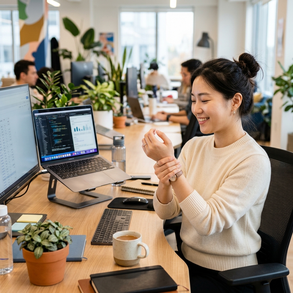 사무실 책상 앞에서 한국인 젊은 여성이 손목을 가볍게 돌리며 휴식 시간을 보내는 장면
