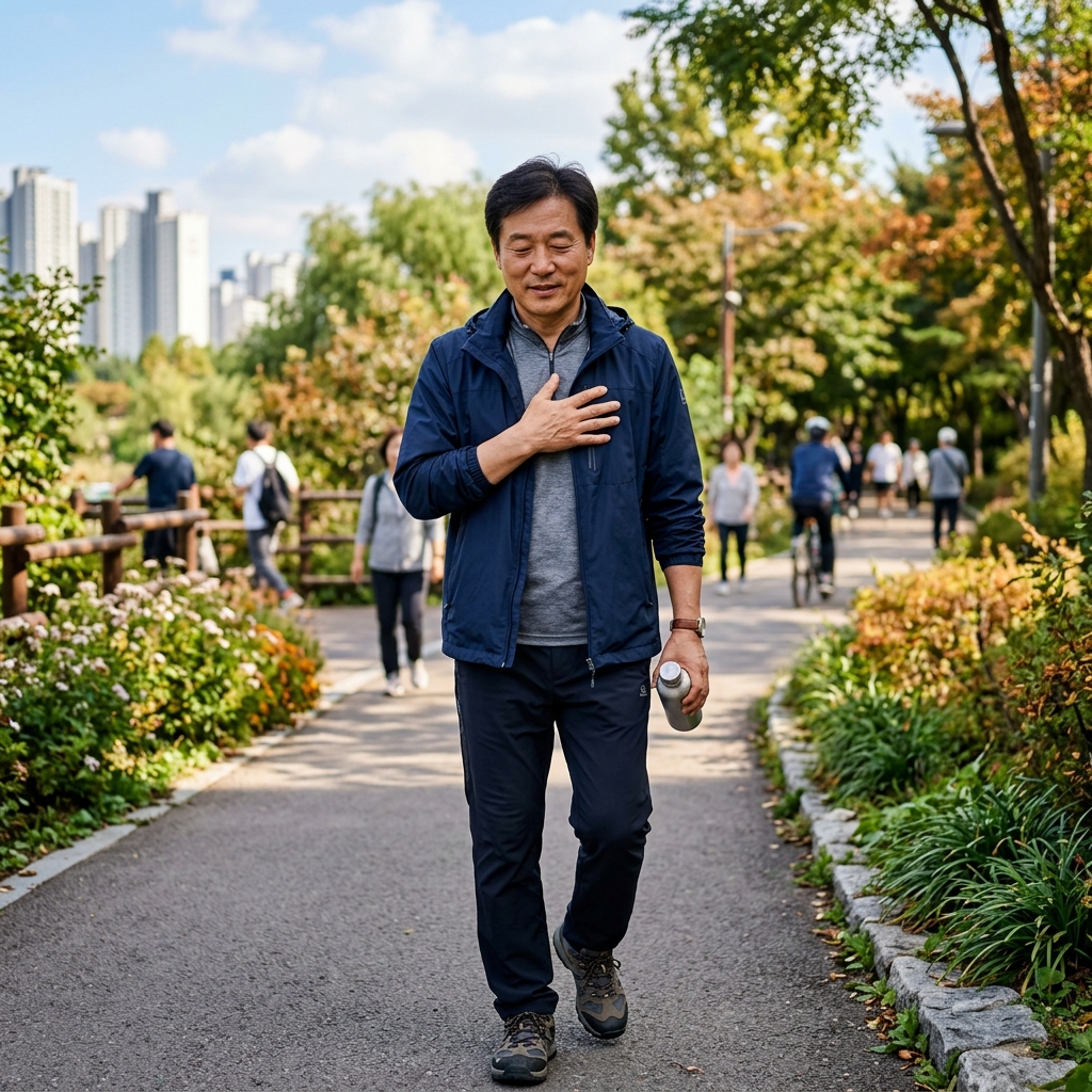 가슴 부위를 손으로 감싸 쥔 중년 한국인의 자연스러운 일상 모습