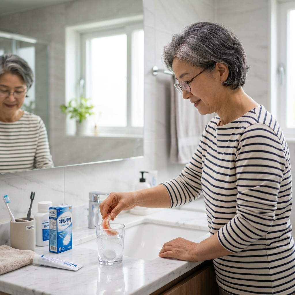 한국인 중장년 여성이 집 화장실 세면대에서 투명한 물컵에 틀니를 담가 보관하는 생활 장면
