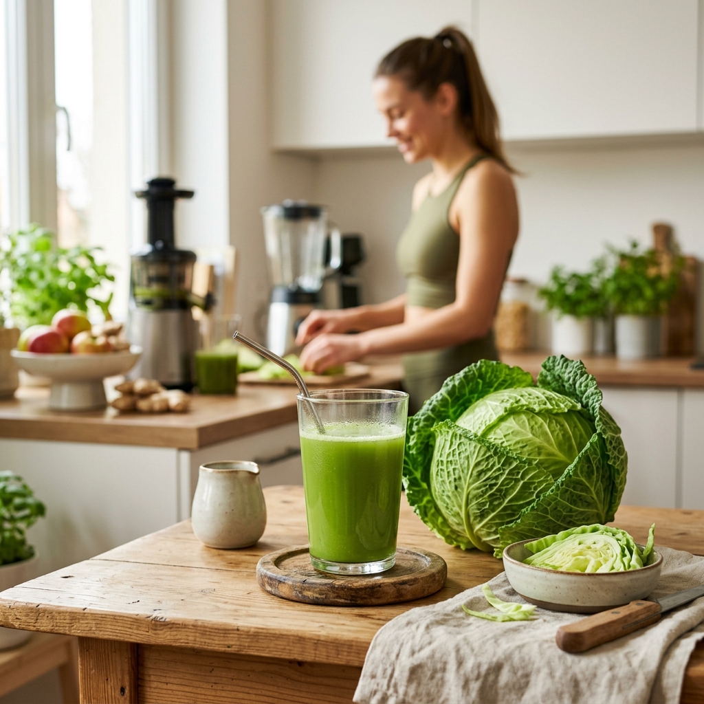 양배추즙이 담긴 유리컵과 신선한 양배추가 놓인 주방 테이블