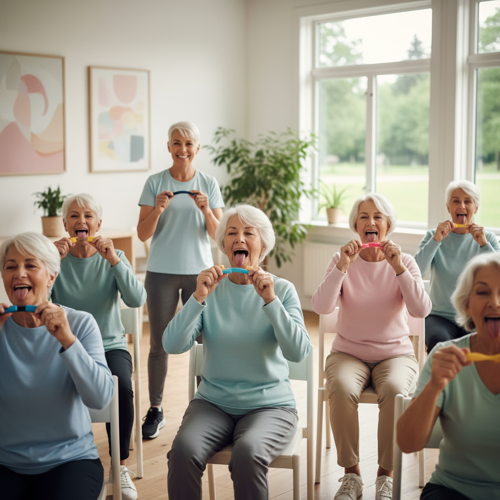 혀 강화 운동을 하는 노년층의 모습