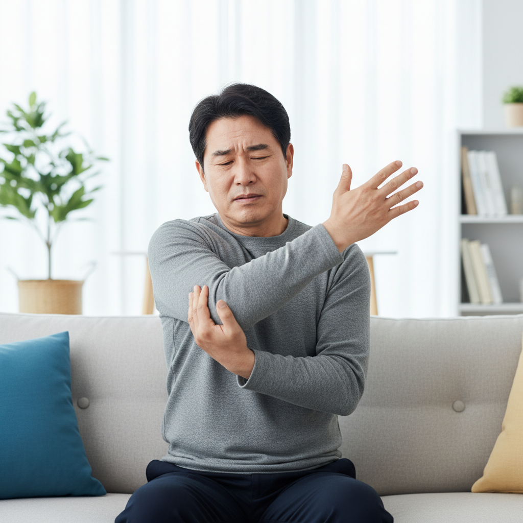 어깨 통증으로 팔을 들기 힘들어하는 60대 한국인 남성의 모습