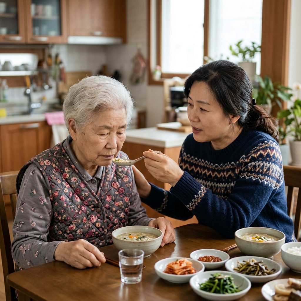 한국인 중장년 여성이 식탁 앞에 앉아 식사를 거부하는 노모에게 부드럽게 말을 건네는 현실적인 가정 내 장면