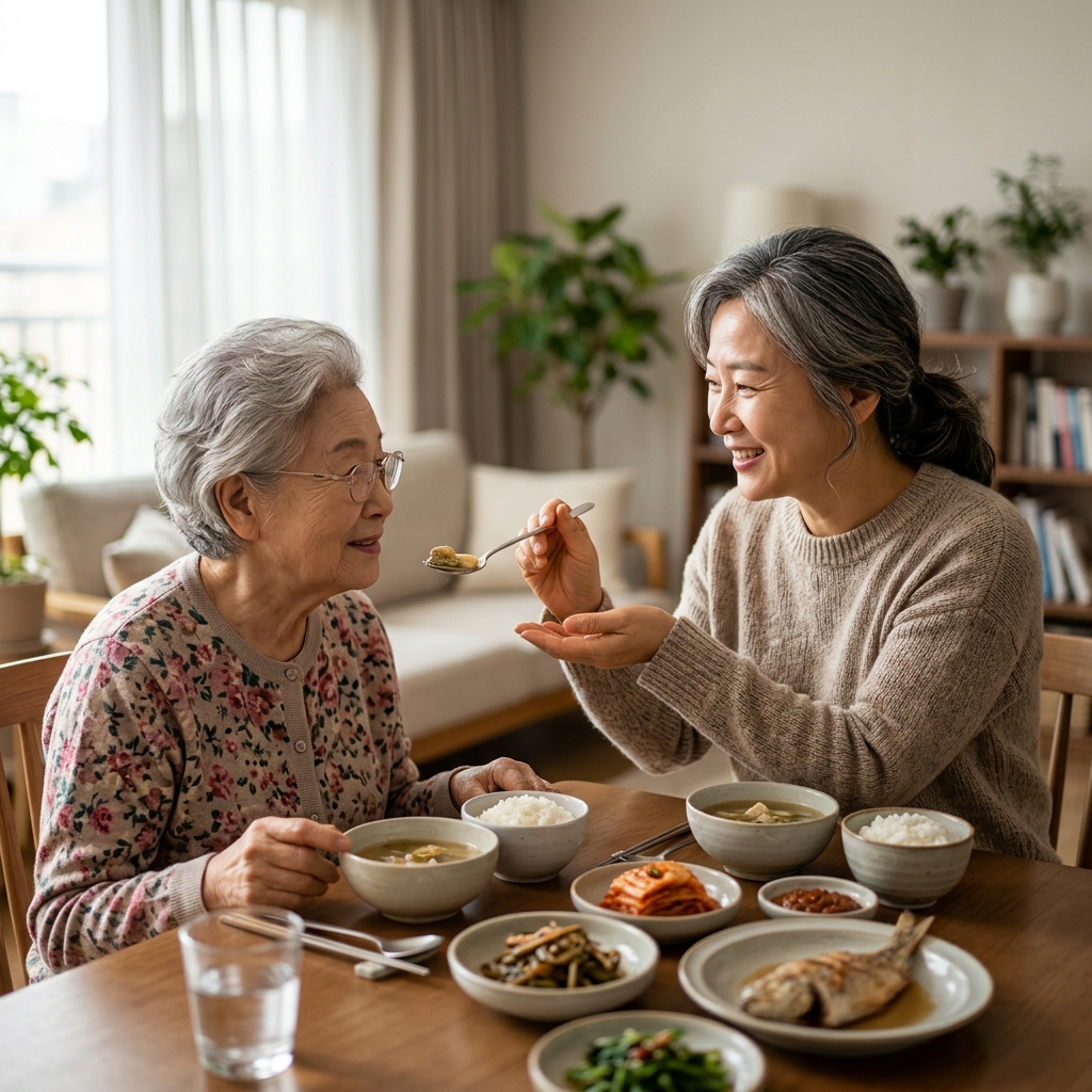 한국인 중년 보호자가 노모에게 숟가락을 건네며 부드럽게 미소 짓는 따뜻한 식사 장면