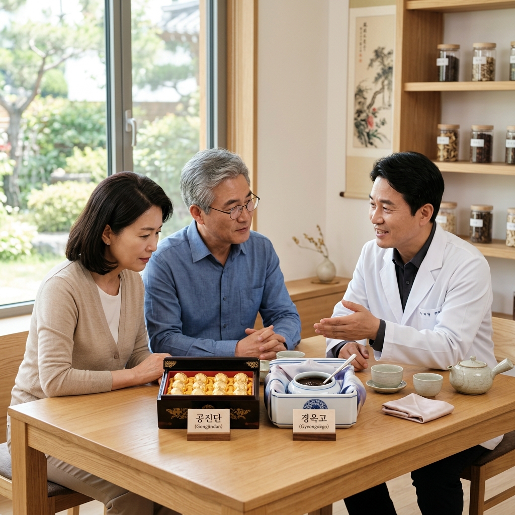 한방 공진단과 경옥고를 나란히 놓은 장면, 한국인 중장년층이 진지하게 설명을 듣고 있는 모습