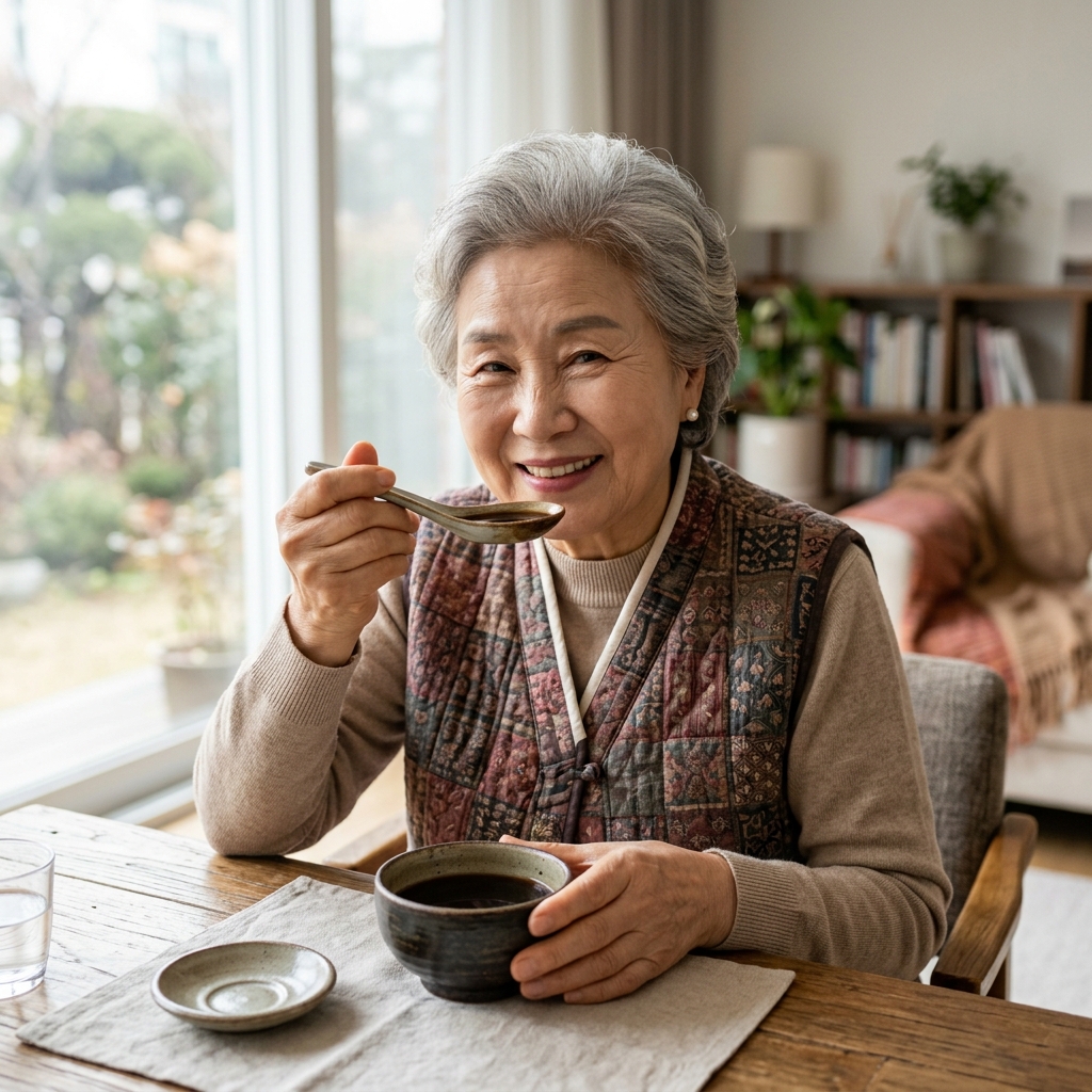 한국인 시니어가 한방 보약을 숟가락으로 떠서 먹으려는 장면, 자연광 아래 편안한 표정