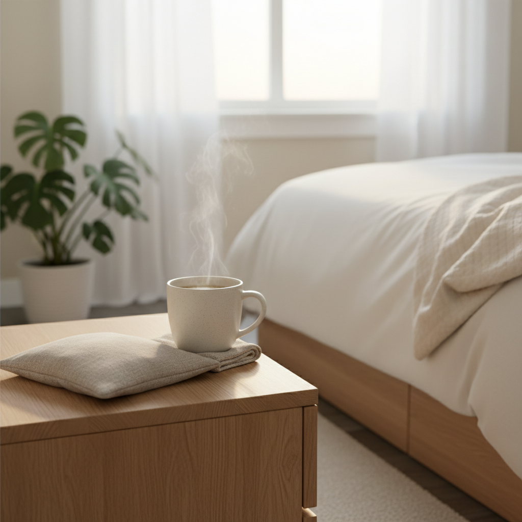 침대 옆 탁자에 온찜질 팩과 따뜻한 물이 담긴 컵이 놓여 있는 아침 풍경