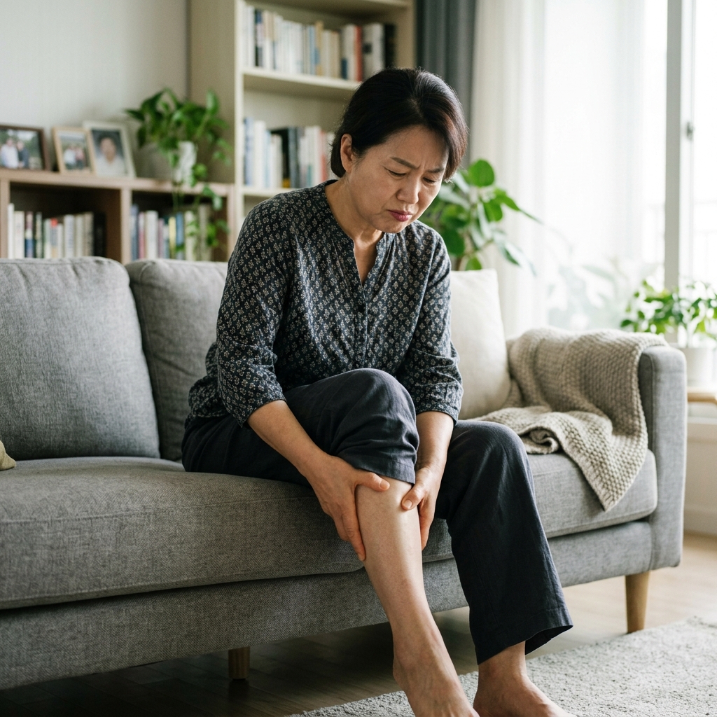 50대 한국인 여성이 거실 소파에 앉아 종아리를 손으로 감싸며 불편한 표정을 짓고 있는 자연스러운 생활 장면, eye-level 시점, 자연광, 다큐멘터리 스타일