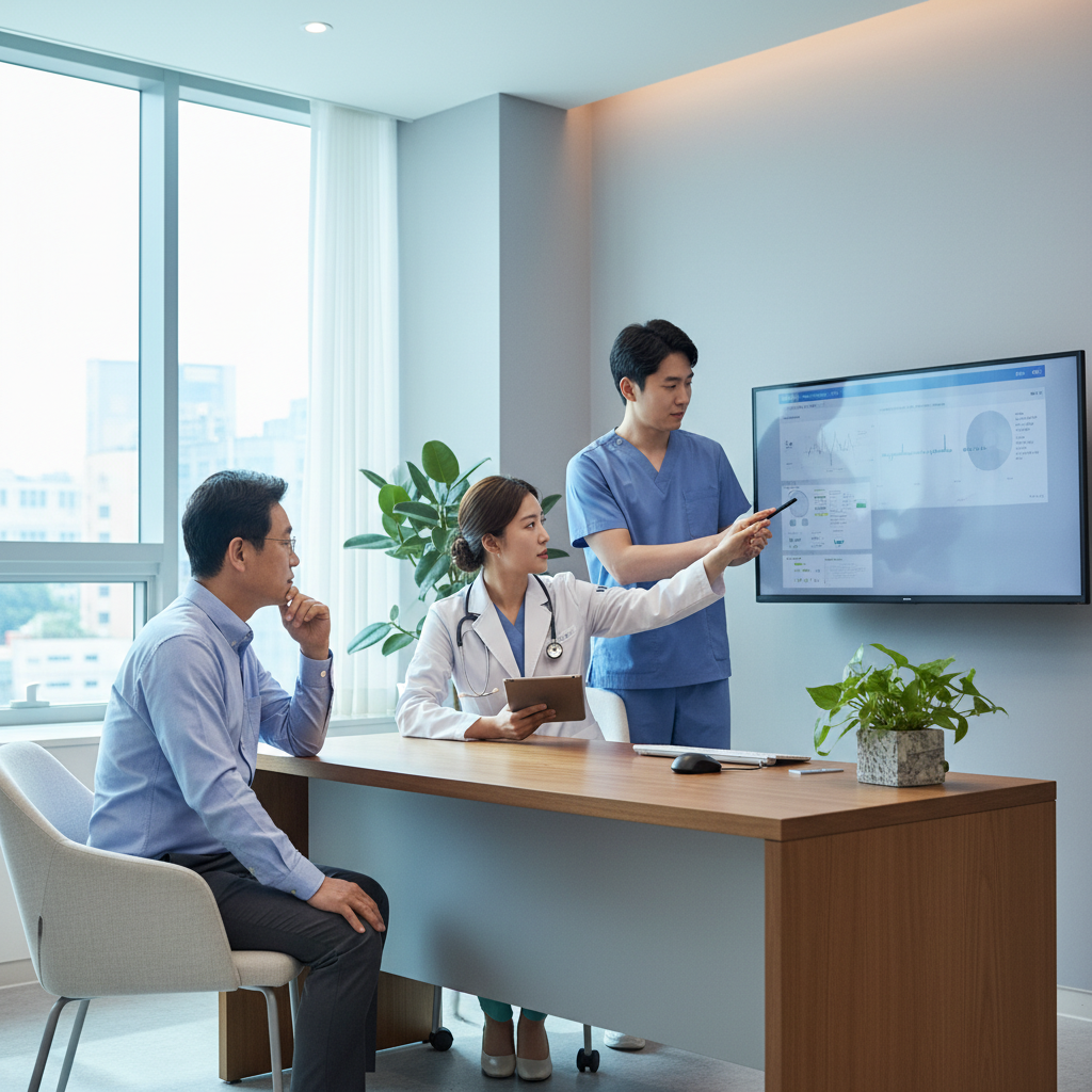 한국인 중년 남성이 병원 진료실에서 의료진과 상담하는 사실적인 장면
