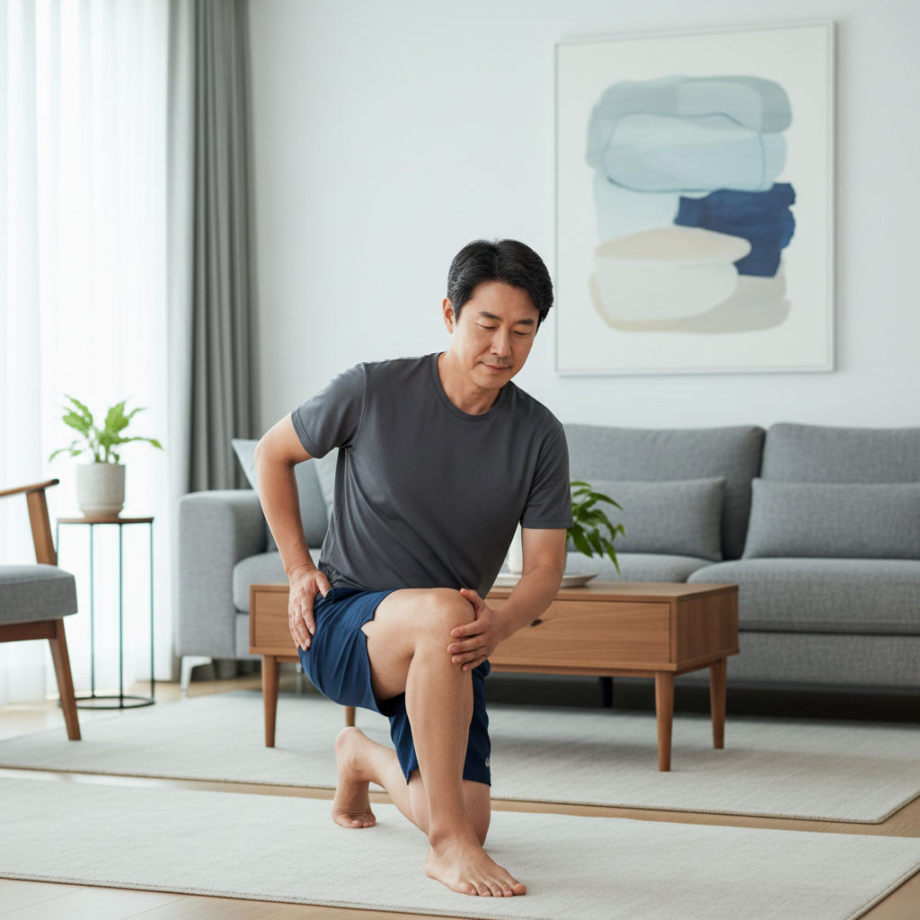한국인 중년 남성이 집 거실에서 골반 운동 자세를 취하는 자연스러운 생활 장면