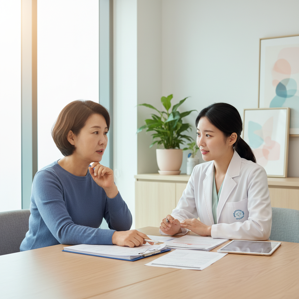 보건소 상담실에서 중장년 한국인 여성이 의료 관련 서류를 앞에 두고 상담사와 대화하는 장면, 자연스러운 실내 조명, 차분한 분위기
