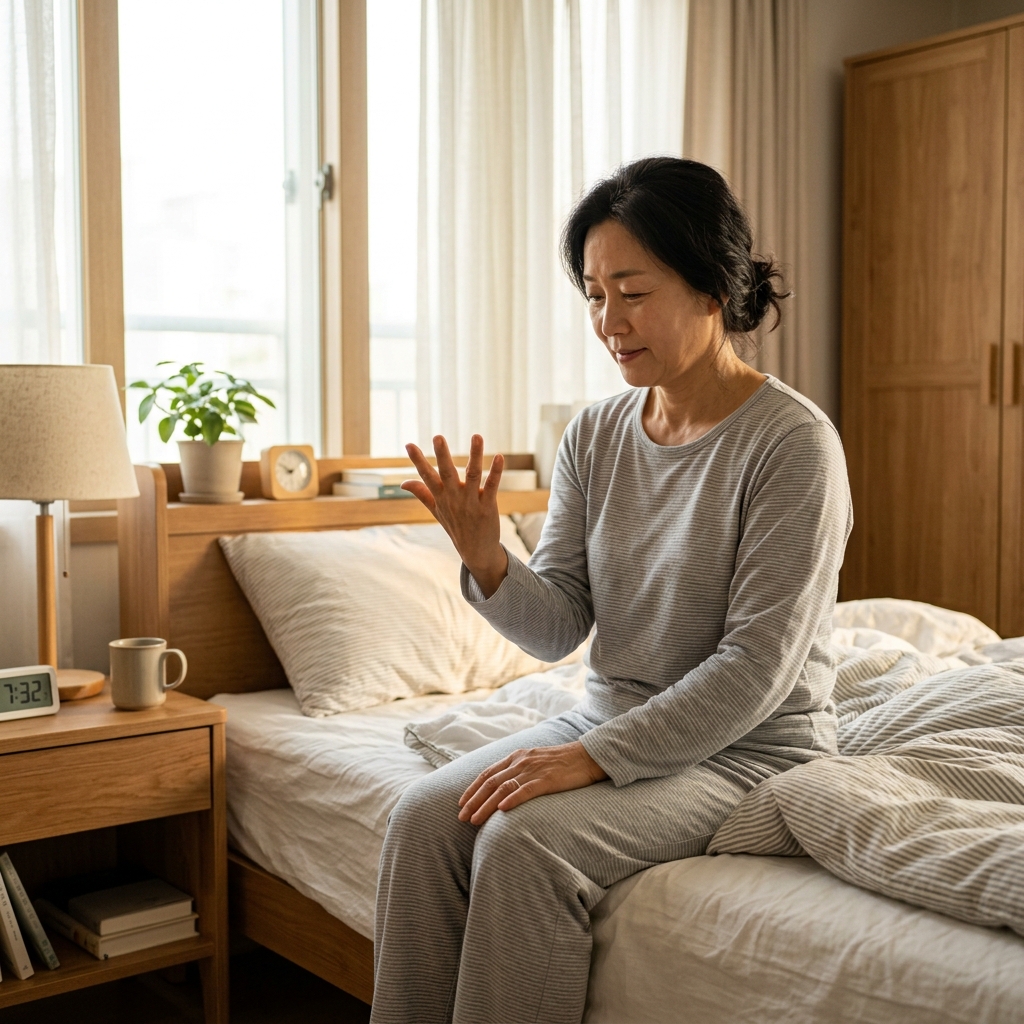 한국인 중년 여성이 아침에 침대에 앉아 손가락을 굽혔다 펴며 뻣뻣함을 확인하는 현실적인 실내 장면