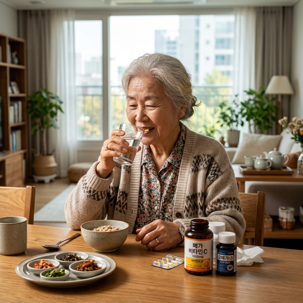 집 식탁에서 한국인 70대 여성이 식사 후 영양제를 물과 함께 복용하는 자연스러운 생활 장면