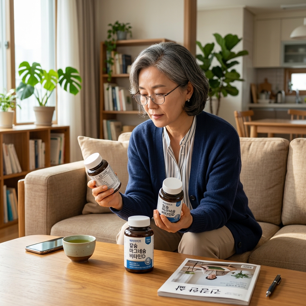 집 거실 테이블 위에 놓인 칼슘 마그네슘 비타민D 영양제와 성분표를 확인하는 한국인 중년 여성의 현실적인 생활 장면