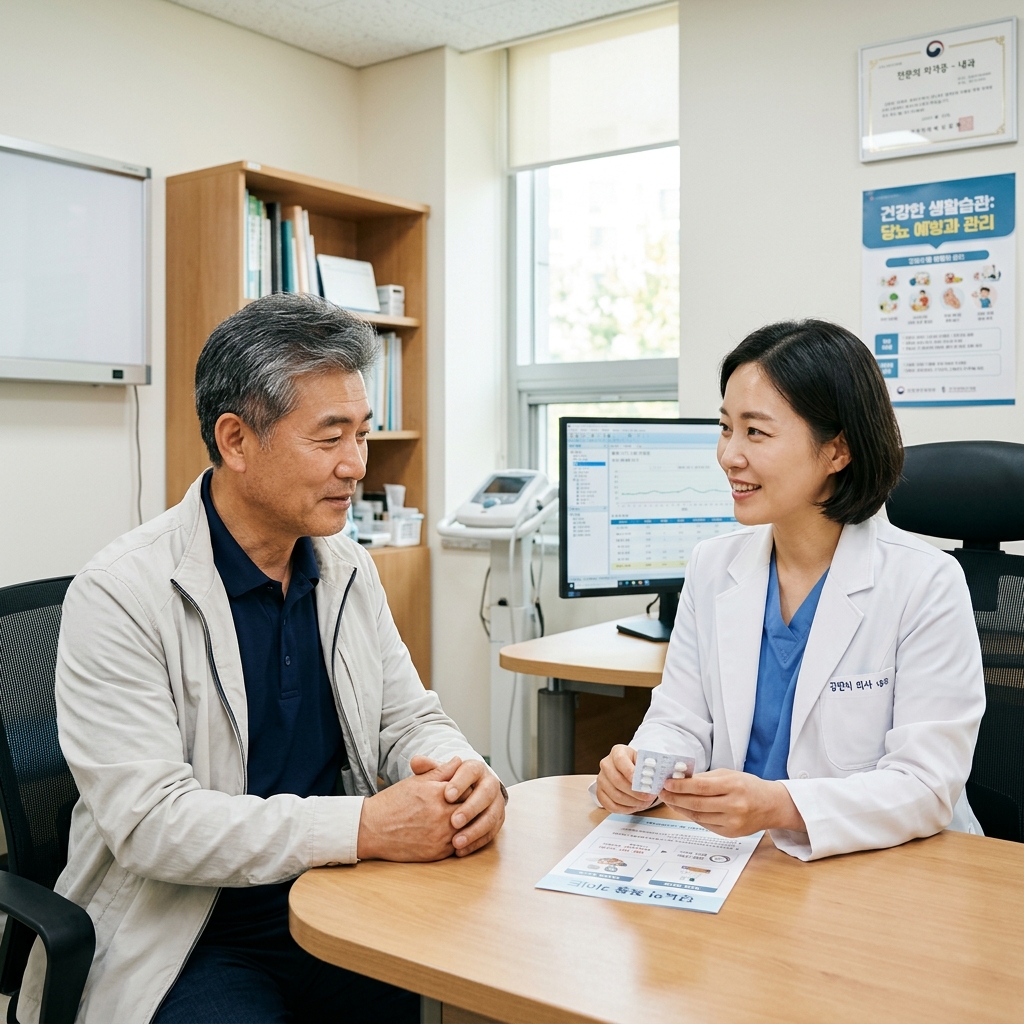 한국인 중장년 환자가 병원 진료실에서 의사와 상담하며 당뇨약 복용 관련 설명을 듣는 장면