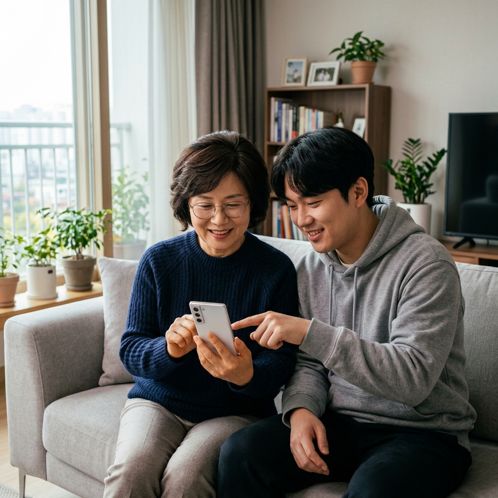 집 거실에서 한국인 중년 여성이 아들과 함께 스마트폰 설정 화면을 보며 확인하는 현실적인 생활 장면