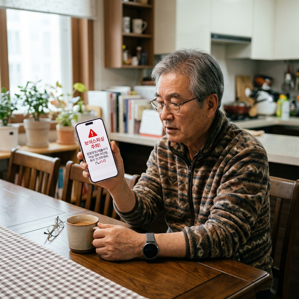 집 식탁에서 한국인 70대 남성이 스마트폰 화면에 표시된 보이스피싱 경고 알림을 확인하는 현실적인 생활 장면