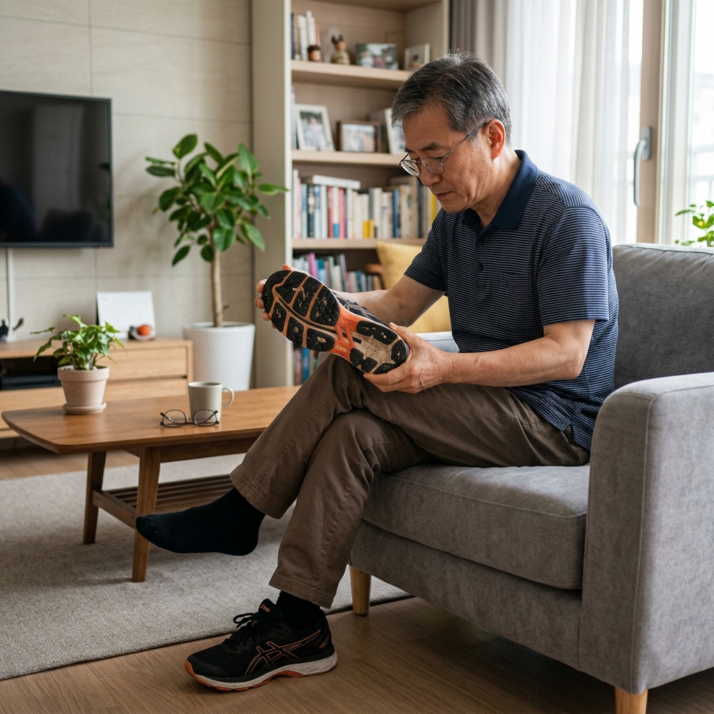 한국인 60대 남성이 집 거실에서 워킹화를 신고 발바닥을 살펴보는 현실적인 생활 장면