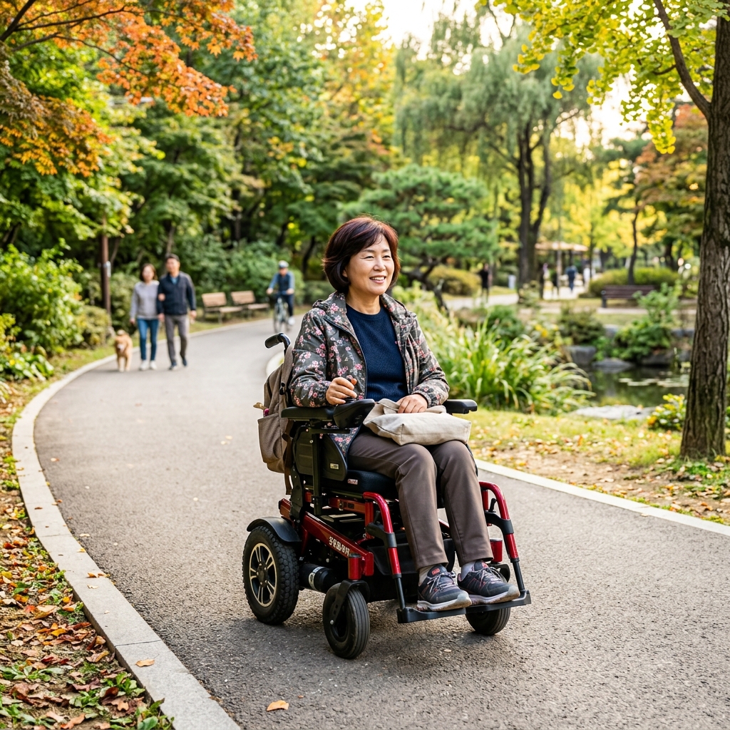 한국인 중장년 여성이 야외용 전동휠체어를 타고 공원 산책로를 이동하는 자연스러운 생활 장면