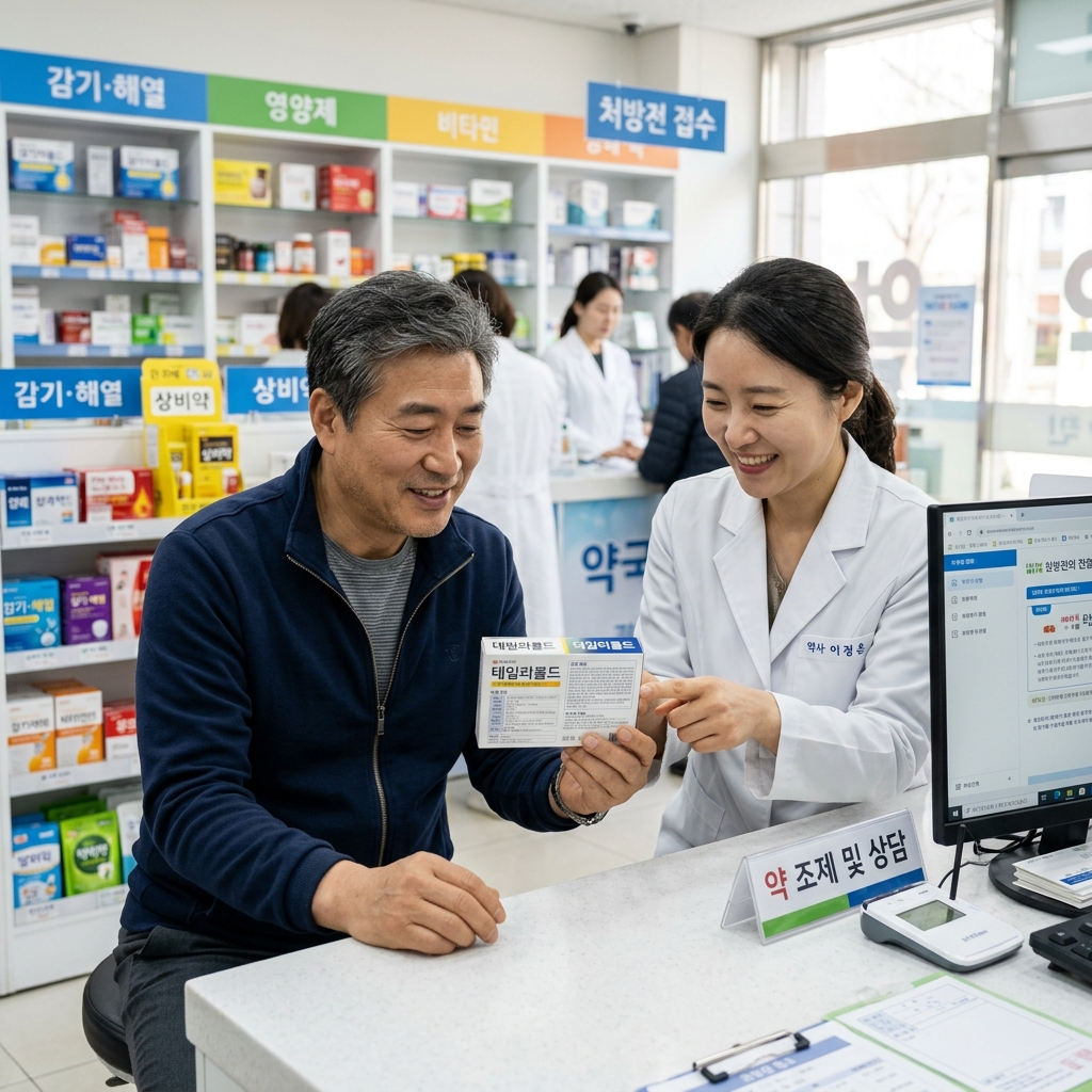 약국에서 한국인 중장년 남성이 약사와 상담하며 감기약 성분을 확인하는 장면