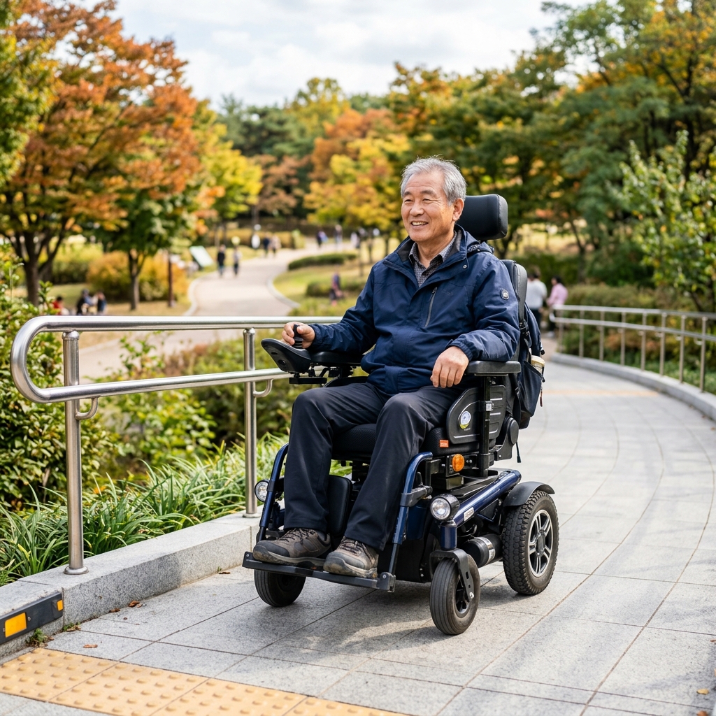 한국인 시니어 남성이 야외용 전동휠체어를 타고 경사로를 안전하게 오르는 현실적인 장면