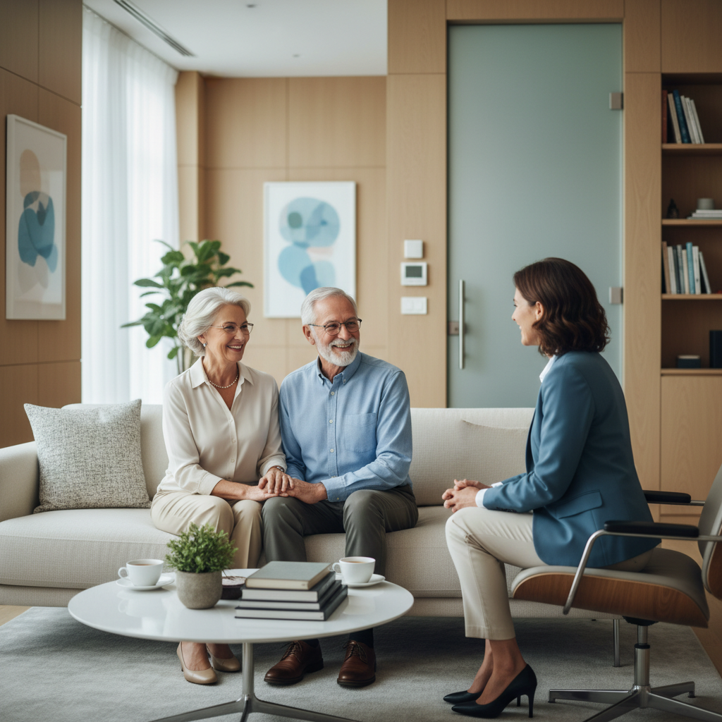 노년 부부가 상담사와 함께 앉아 대화하는 장면, 밝은 상담실 배경