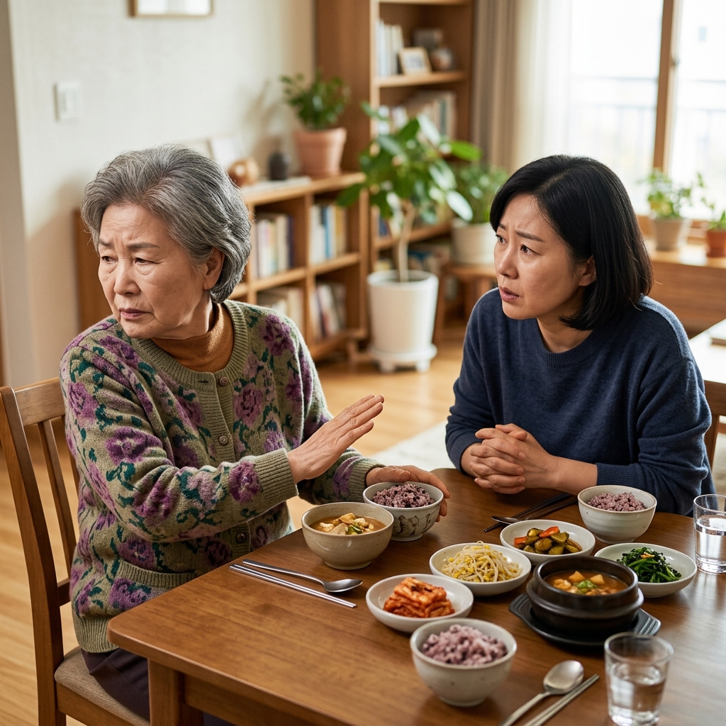 식사를 거부하며 고개를 젓는 70대 한국인 할머니와 걱정스러운 표정으로 바라보는 중년 딸의 모습, 식탁 위에는 반찬들이 놓여 있음