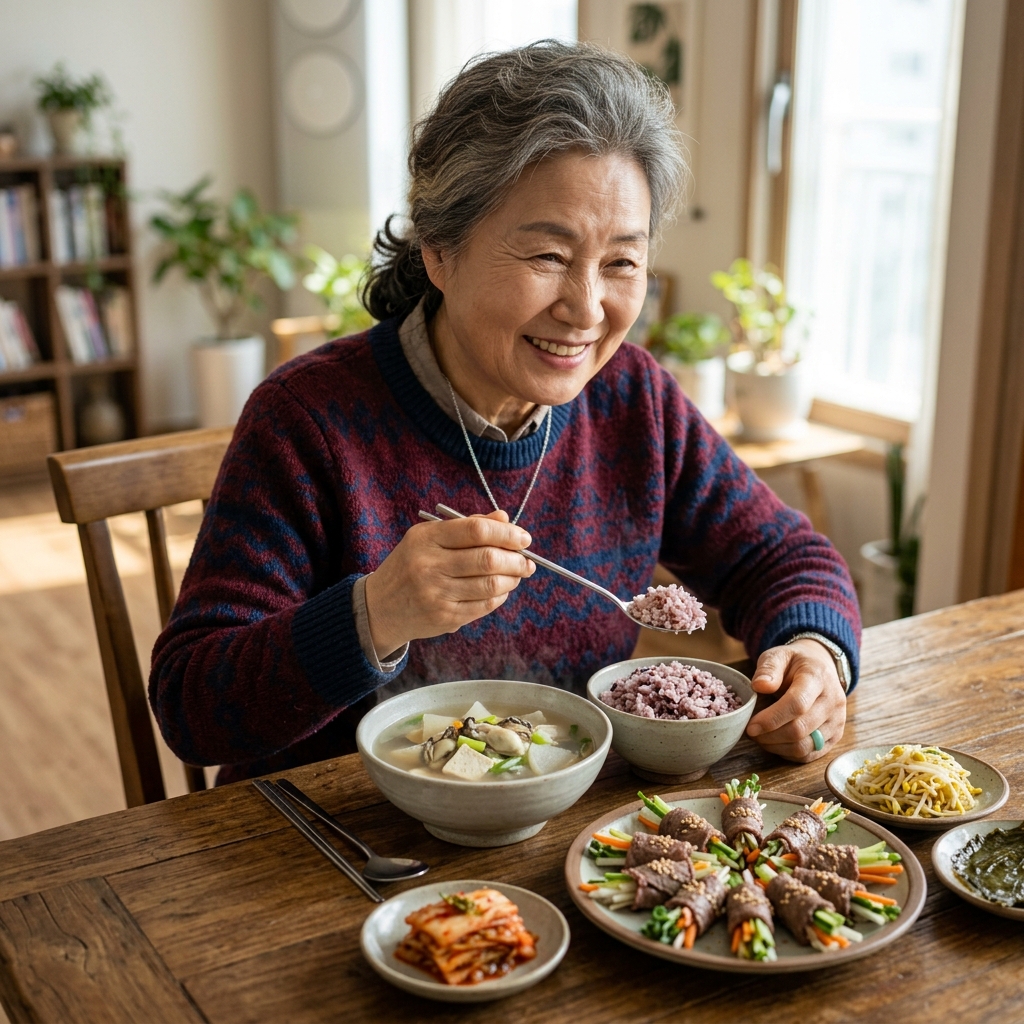 소고기 새싹 말이와 굴국이 담긴 식탁, 70대 한국인 할머니가 수저를 들고 있는 모습