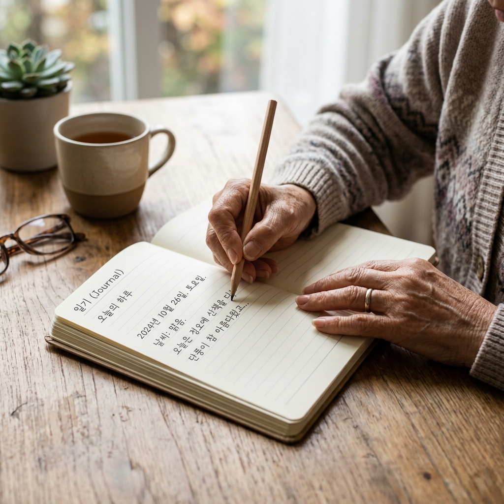 노트에 일기를 쓰고 있는 한국인 시니어의 손과 연필