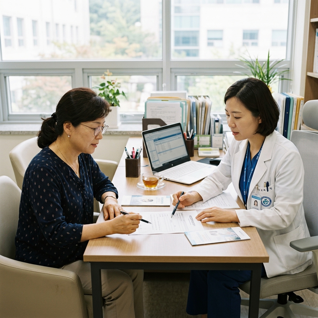 병원 상담실에서 중년 여성이 의료진과 마주 앉아 사전연명의료의향서 서류를 함께 검토하는 장면, 자연광이 들어오는 조용한 실내 환경, 다큐멘터리 스타일의 사실적인 사진