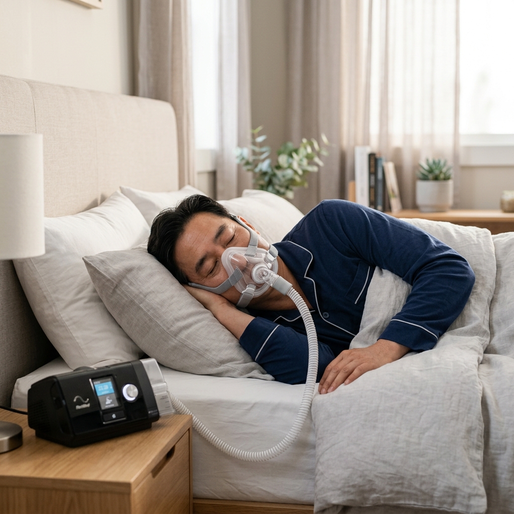 침대에 누워 양압기 마스크를 착용한 채 편안하게 수면 중인 한국인 중년 남성의 자연스러운 수면 장면