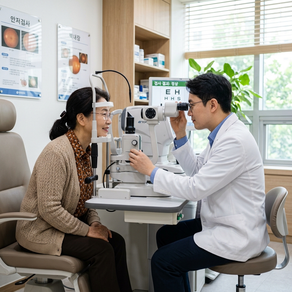 병원 진료실에서 60대 한국인 환자가 안과 의사와 마주 앉아 눈 검사를 받는 장면, 자연광, 현실적인 색감