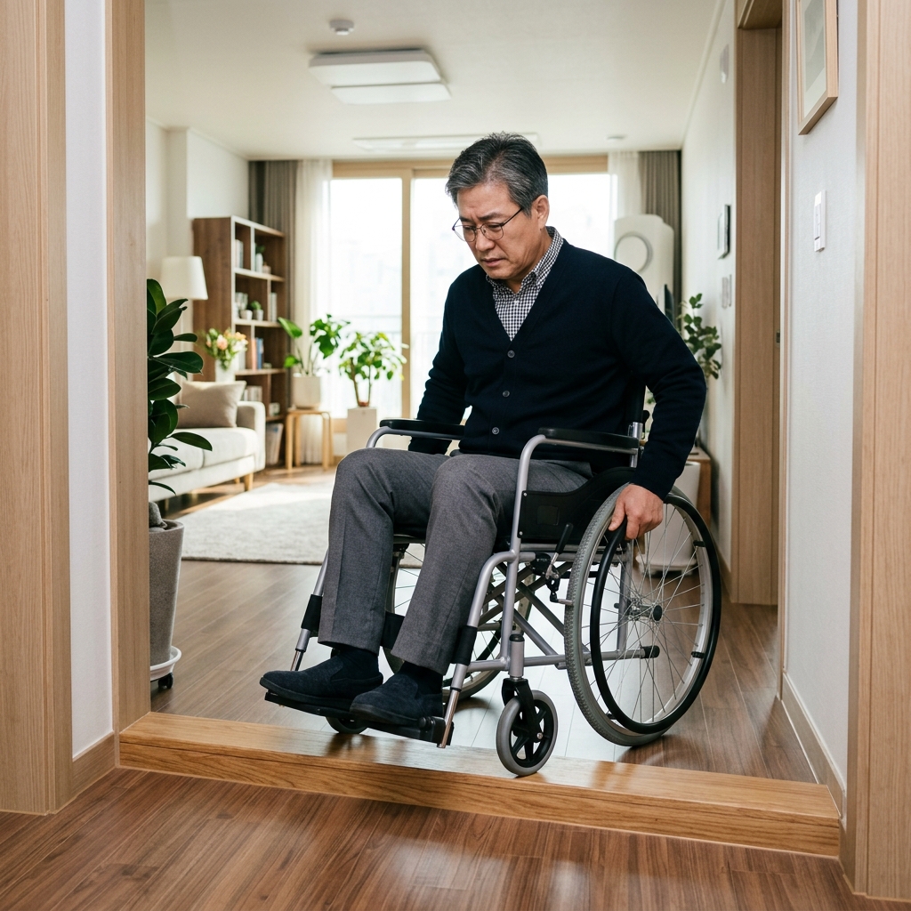 집안 문턱 앞에서 휠체어 이동이 막혀 있는 실내 장면, 한국인 중년 남성이 문턱을 넘지 못해 멈춰 있는 모습