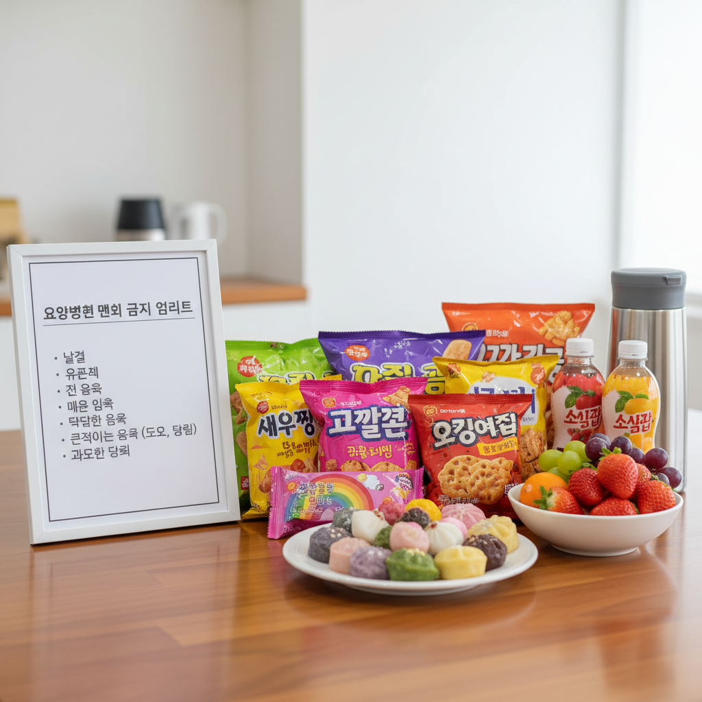 요양병원 면회 금지 음식 리스트가 적힌 안내문과 다양한 과자, 떡이 놓인 테이블