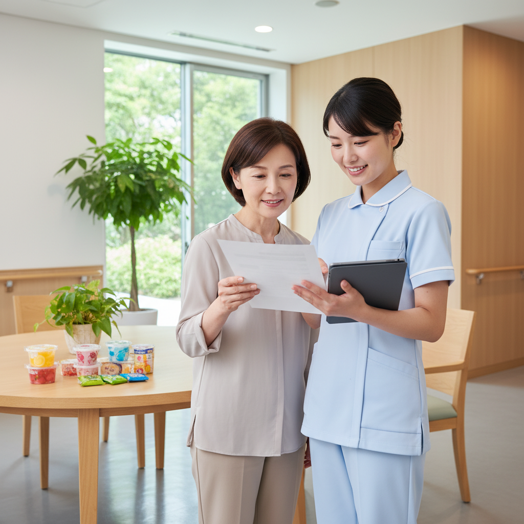 요양병원 간호사가 보호자에게 허용 간식 목록을 설명하는 장면