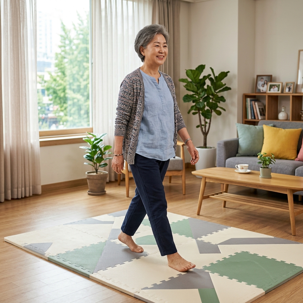 거실 바닥에 두꺼운 매트를 깔고 맨발로 걷는 70대 한국인 시니어 여성, 자연광, 안정적인 보행 장면