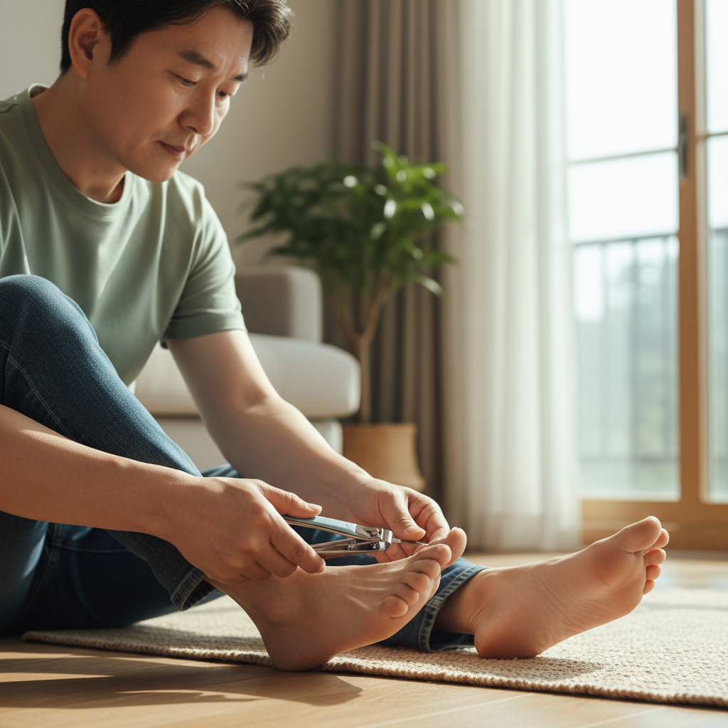 당뇨 환자가 집에서 발톱을 일자 형태로 조심스럽게 깎고 있는 모습, 자연광이 들어오는 거실, 한국인 중장년 남성, 앉은 자세, 발톱깎이와 발 클로즈업, 차분하고 집중하는 표정