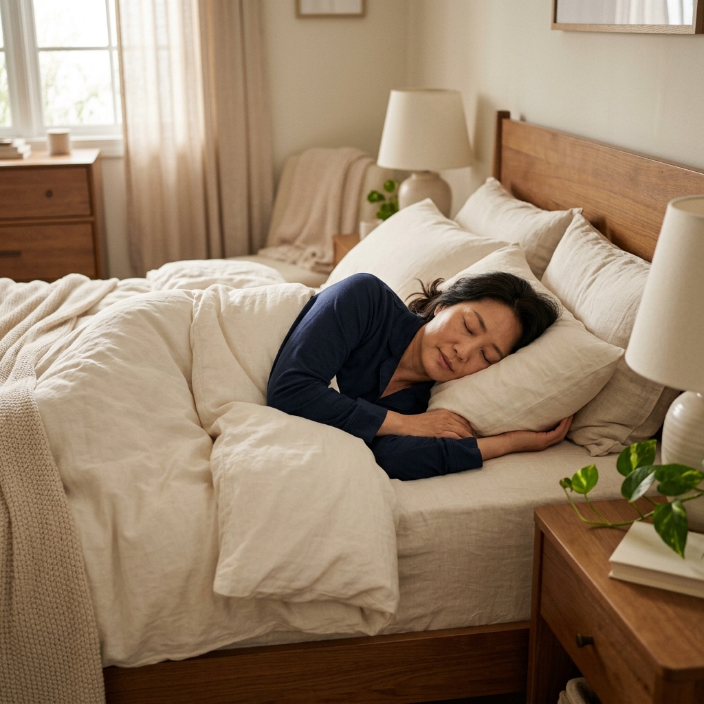 침대에서 깊은 잠에 빠진 중년 한국인의 편안한 수면 장면