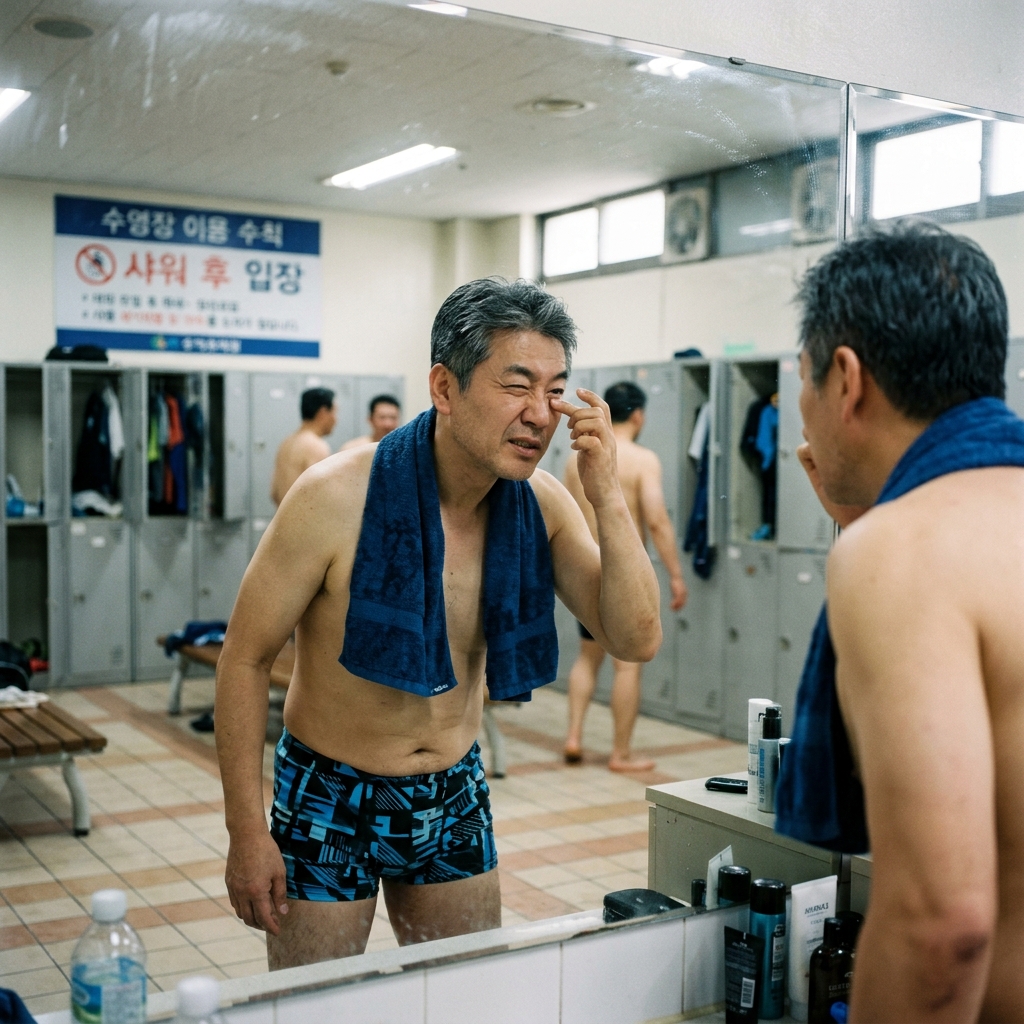 수영장 탈의실에서 한국인 중년 남성이 거울을 보며 눈꼽을 확인하는 현실적인 생활 장면