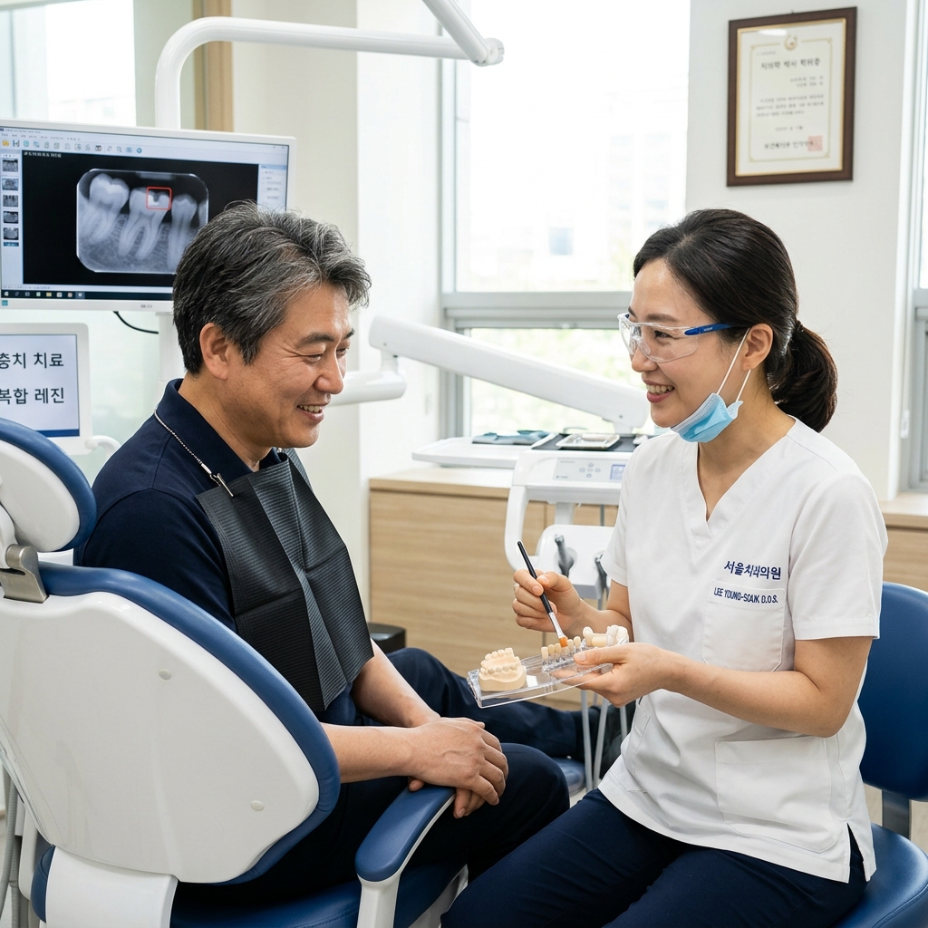 치과 진료실에서 중년 한국인 환자가 의자에 앉아 치과의사와 충치 치료 재료에 대해 상담하는 장면