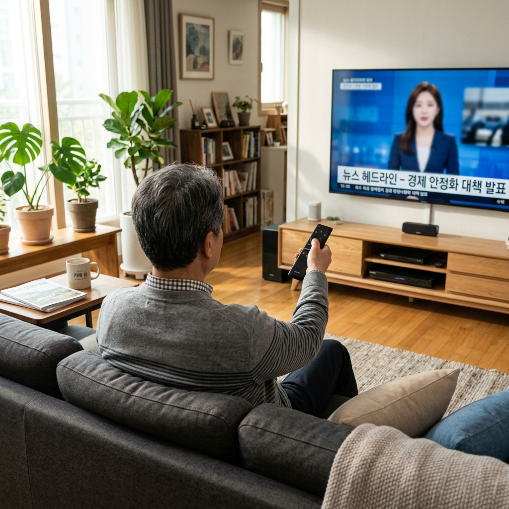 거실 소파에 앉아 TV 리모컨을 들고 볼륨을 올리는 60대 한국인 남성의 뒷모습, 자연광, 일상적인 실내 환경