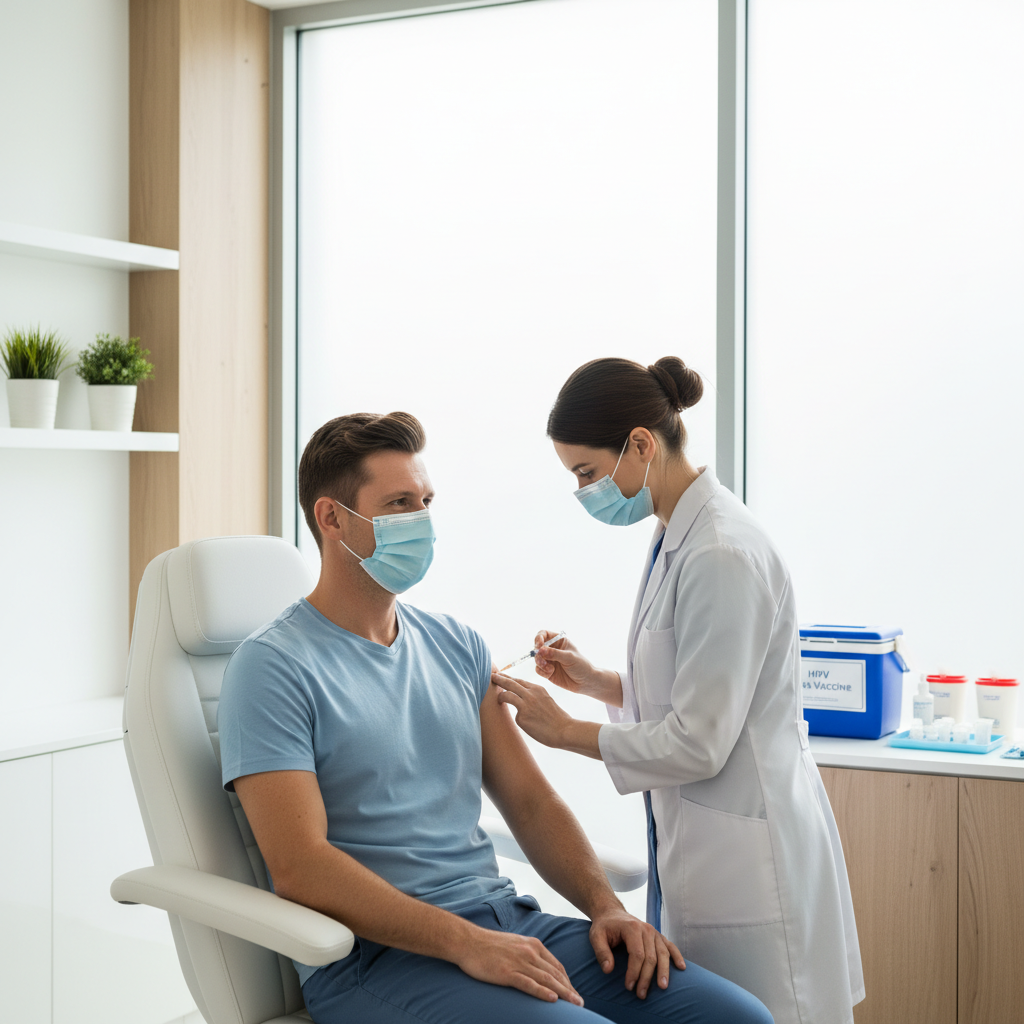 병원에서 HPV 예방접종을 받는 성인 남성의 모습