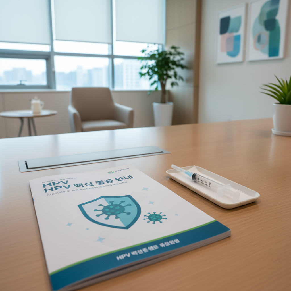 HPV 백신 접종 안내 팜플릿과 주사기가 놓인 병원 상담실