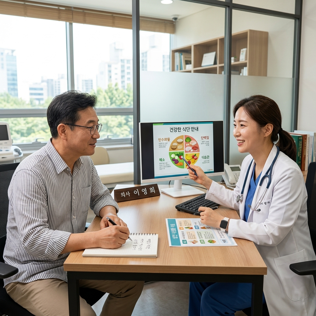 한국인 중년 남성이 병원 진료실에서 의사와 식단 상담을 받으며 메모하는 현실적인 장면