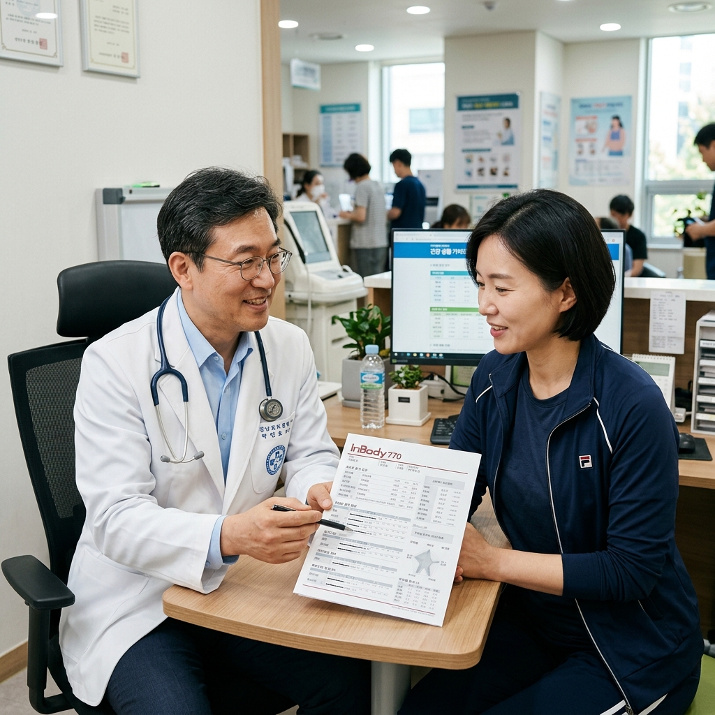 병원 진료실에서 체성분 검사 결과지를 보며 설명하는 한국인 중년 의사와 환자
